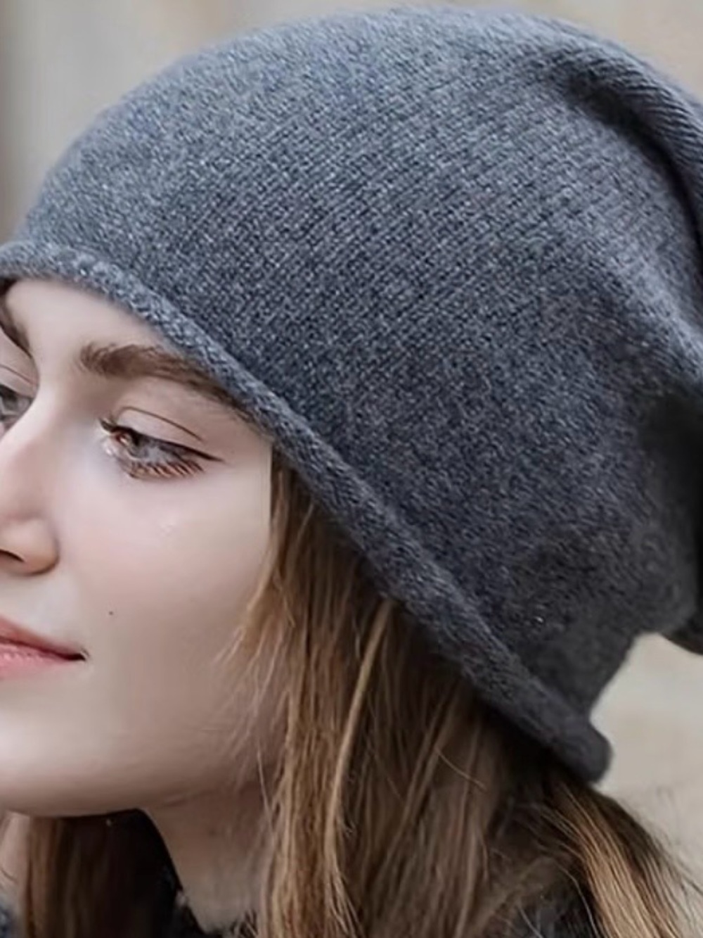 Gray Knit Beanie Hat - With Removable Brooch